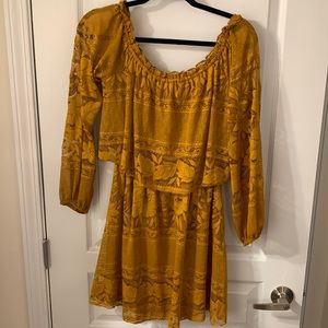 Show Me Your Mumu mustard lace off the shoulder dress. Super stretchy and comfy